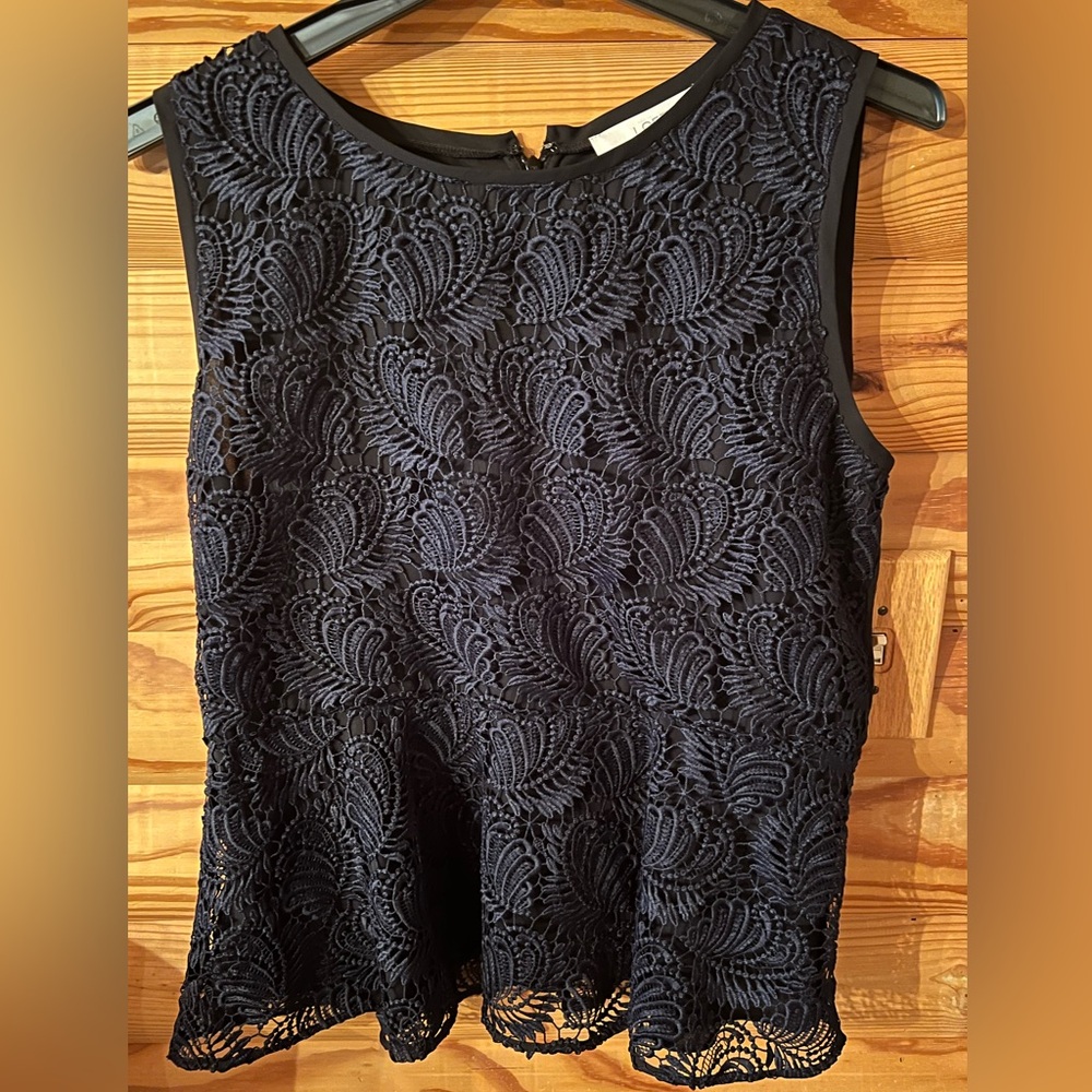 NWT Loft  Navy Sleeveless Crochet Peplum Top Lined Size 16
